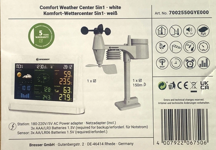 Bresser Comfort WetterCenter 5in1 Funkwetterstation schwarz, digital