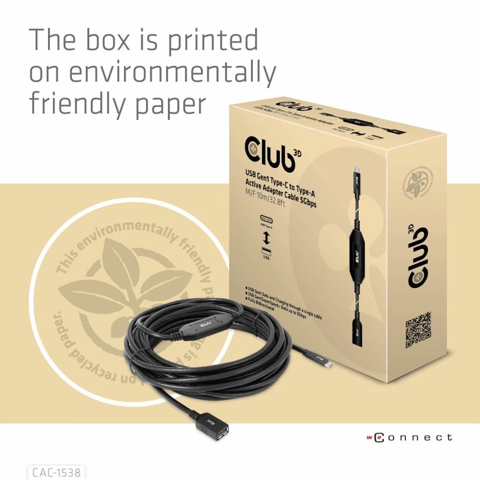 Club 3D USB-C 3.0 Kabel, aktiv, 5Gb/s, USB-C 3.0 Stecker auf USB-A 3.0 Buchse, 10m