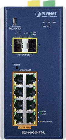 Planet IGS-10020HPT-U Industrial Railmount Gigabit Managed Switch, 8x RJ-45, 2x SFP, 270W PoE+