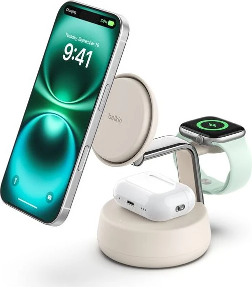 Belkin UltraCharge Pro Magnetische 3-in-1-Ladestation mit Qi2 (25W) beige