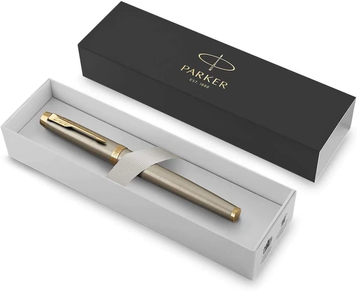Parker IM brushed metal/gold trim, rechte Hand, fein, Geschenkbox