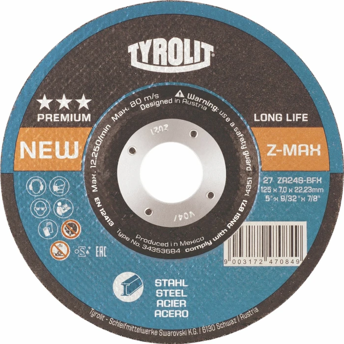 Tyrolit Premium Longlife Z-MAX Schleifscheibe K24, 125x4x22.23mm, 10 Stück