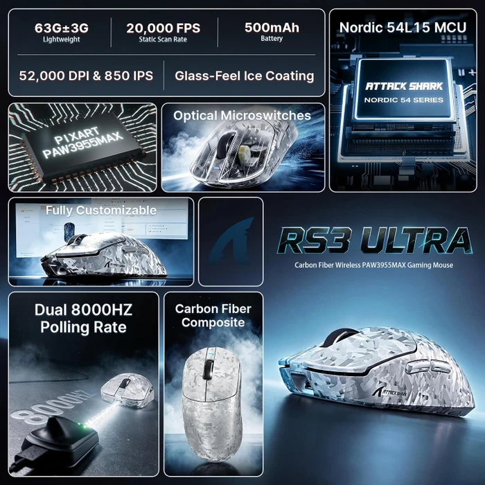 Attack Shark RS3 ULTRA Carbon Fiber 8KHz Wireless, Forged Silver, USB/Bluetooth