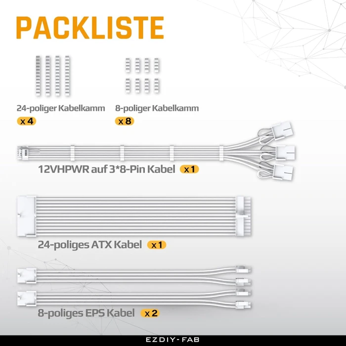 EZDIY-FAB 12VHPWR Cable Kit, 1x 24-Pin, 2x 4/8-Pin ATX, 1x 12VHPWR/3x 8-Pin PCIe, 16AWG, weiß