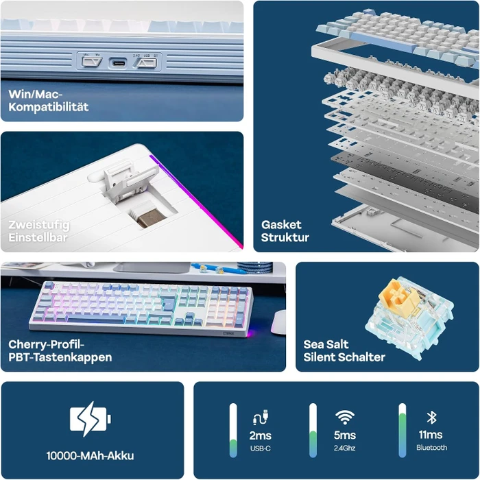Epomaker TH108 Wireless, Blue White, LEDs RGB, hot-swap, Epomaker Sea Salt, USB/Bluetooth, DE