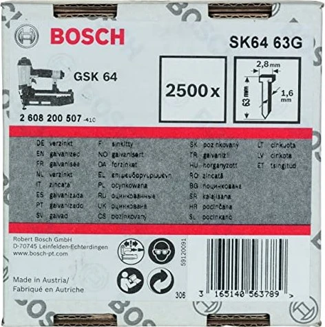 Bosch Professional SK64 63G Senkkopf-Stift verzinkt Tacker-Nägel, 63x1.6mm, 2500 Stück