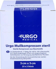 Urgo Mullkompressen steril 8-fach, 5 x 5cm, 50 Stück (25x 2 Stück)
