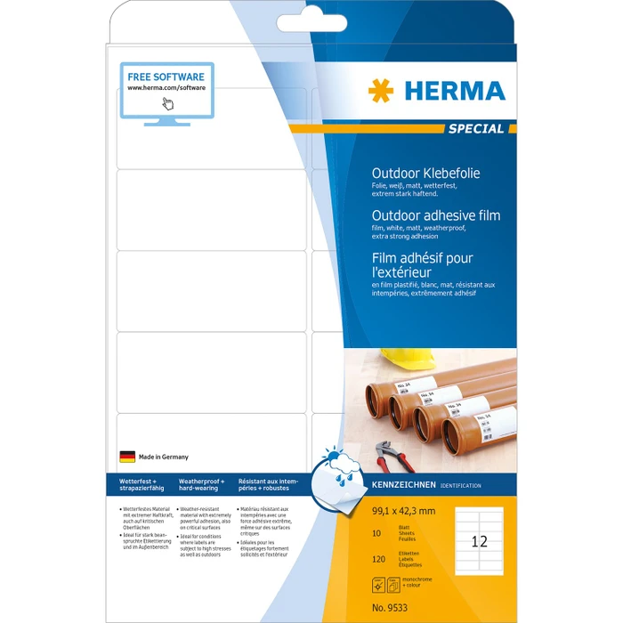 Herma Etiketten Outdoor, 99.1x42.3mm, wetterfest, weiß, matt, 10 Blatt (120 Etiketten)