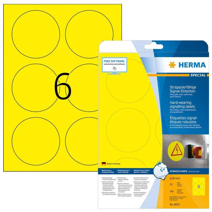 Herma Folienetiketten rund, 85mm, wetterfest, gelb, matt, 25 Blatt (150 Etiketten)
