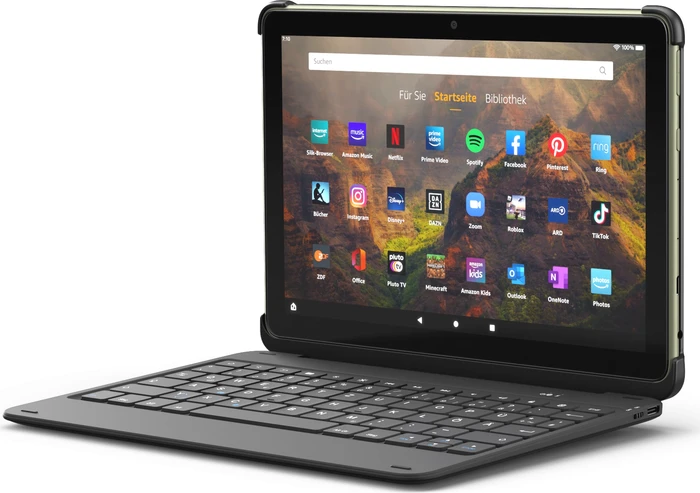 Amazon Fire HD 10 Plus KFTRPWI 2021, ohne Werbung, schwarz, 64GB, mit Bluetooth Tastatur