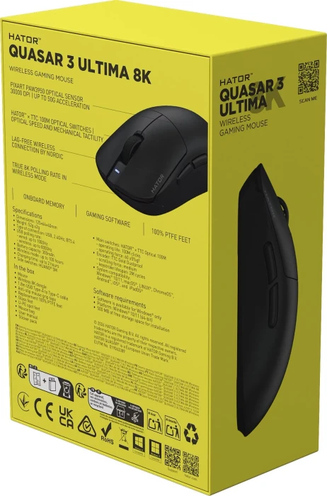 Hator Quasar 3 Ultima 8K Wireless Gaming Mouse schwarz, USB/Bluetooth