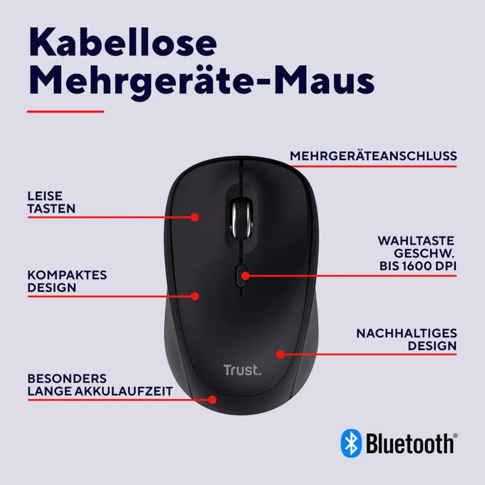 Trust Yuki Silent Multi-Device Wireless Mouse schwarz, USB/Bluetooth