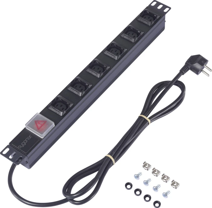 Sygonix 19" Aluminium Steckdosenleiste, 1HE, 6-fach, 230V, schwarz, 2m