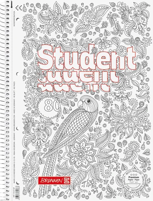 Brunnen Student Premium ZENart Collegeblock, A4, Lineatur 27, Papagei, 80 Blatt