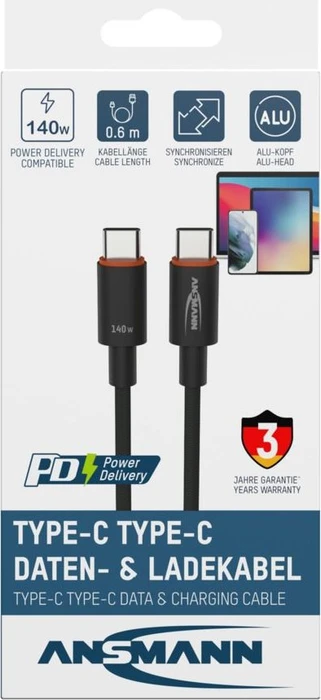 Ansmann USB-C Kabel, USB 2.0, 480Mb/s, 140W PD 3.1, USB-C Stecker auf USB-C Stecker, schwarz, 0.6m
