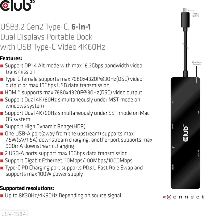 Club 3D 6in1 PD Charging Hub, USB-C 3.1 [Stecker]