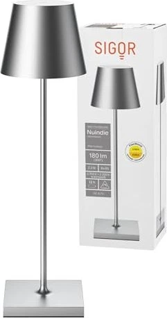 Sigor Nuindie Akku-Tischleuchte rund silber matt