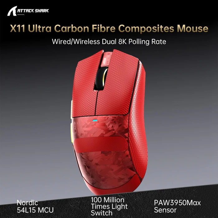 Attack Shark X11 Ultra Carbon Fiber 8KHz Wireless, Forged Red, inkl. Grip Tape, USB/Bluetooth