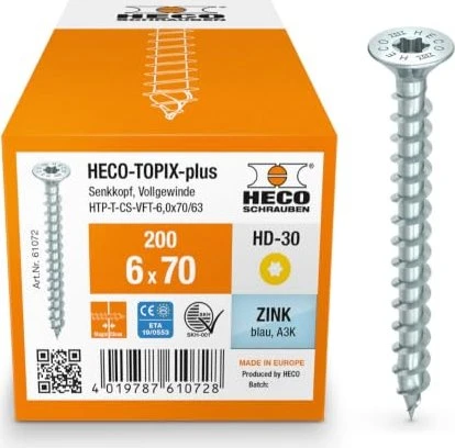 HECO TOPIX-plus verzinkt blau A3K Torx T30 Holzschraube, 6x70mm, 200 Stück