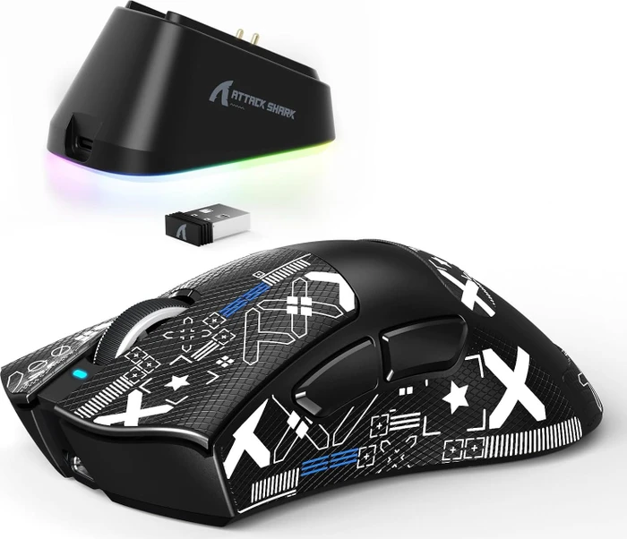 Attack Shark V3 PRO Tri-mode Wireless Gaming Mouse mit Ladestation, schwarz, inkl. Grip Tape, USB/Bluetooth