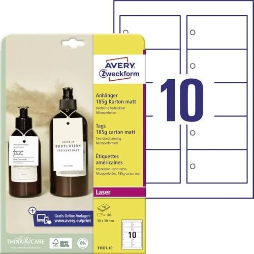 Avery-Zweckform Aushängeschilder mit Öse und Fäden weiß, 90x50mm, 185g, 100 Stück