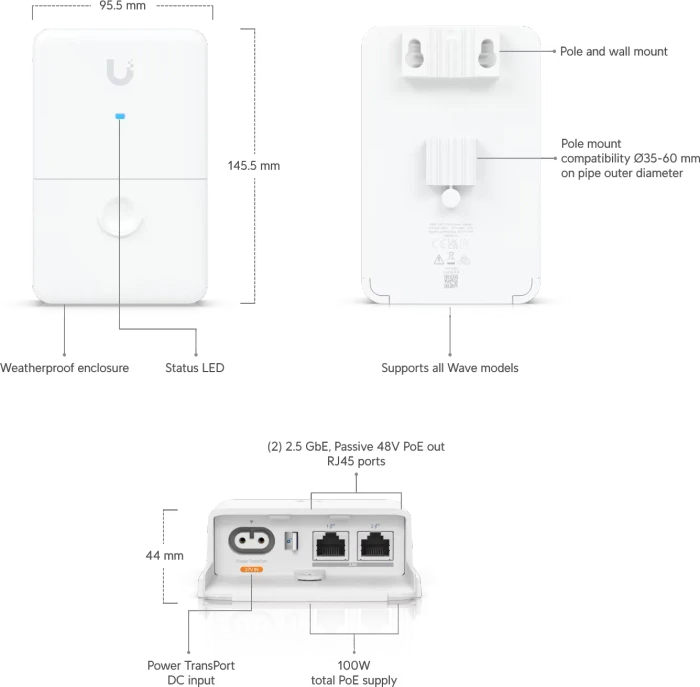 Ubiquiti Outdoor Wallmount 2.5G PoE-Injektor, 2x RJ-45, 100W passiv PoE