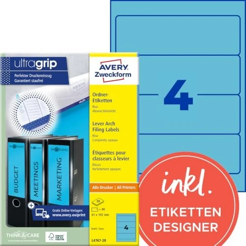 Avery-Zweckform Ordneretiketten, 192x61mm, blau, 20 Blatt (80 Etiketten)