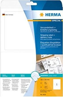 Herma Versandetiketten mit Einlieferungsbeleg blickdicht, 182x130mm, weiß, matt, 25 Blatt (25 Etiketten)
