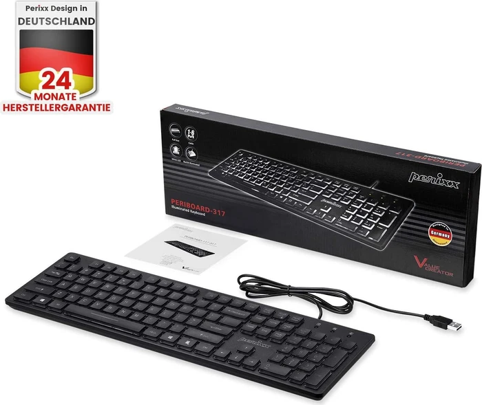 Perixx Periboard-317, schwarz, LEDs weiß, USB, DE
