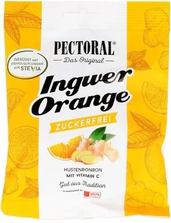Pectoral Ingwer Orange Hustenbonbons zuckerfrei, 60g