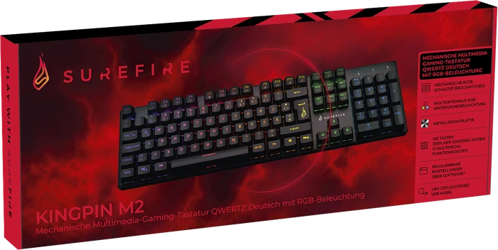 Verbatim SureFire KingPin M2 Gaming Keyboard, LEDs RGB, RED Switches, schwarz, USB, DE