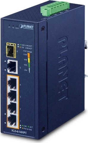 Planet IGS-614HPT Industrial Railmount Gigabit Switch, 5x RJ-45, 1x SFP, 120W PoE+