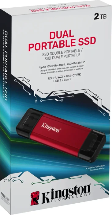 Kingston Dual Portable SSD 2TB rot, USB-A + USB-C, USB 3.2 Gen 2×1