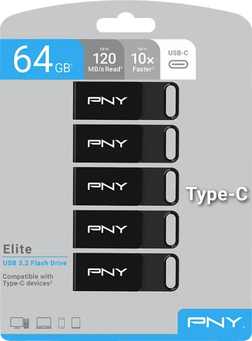 PNY Elite Type-C 64GB, USB-C, USB 3.2 Gen 1×1, 5er-Pack