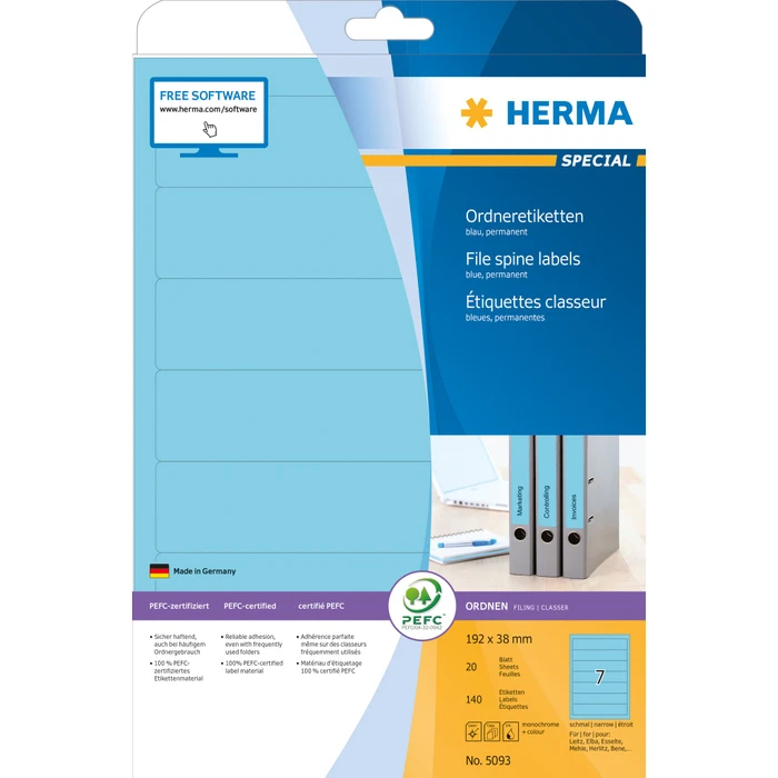 Herma Ordneretiketten, 192x34mm, blau, 20 Blatt (140 Etiketten)