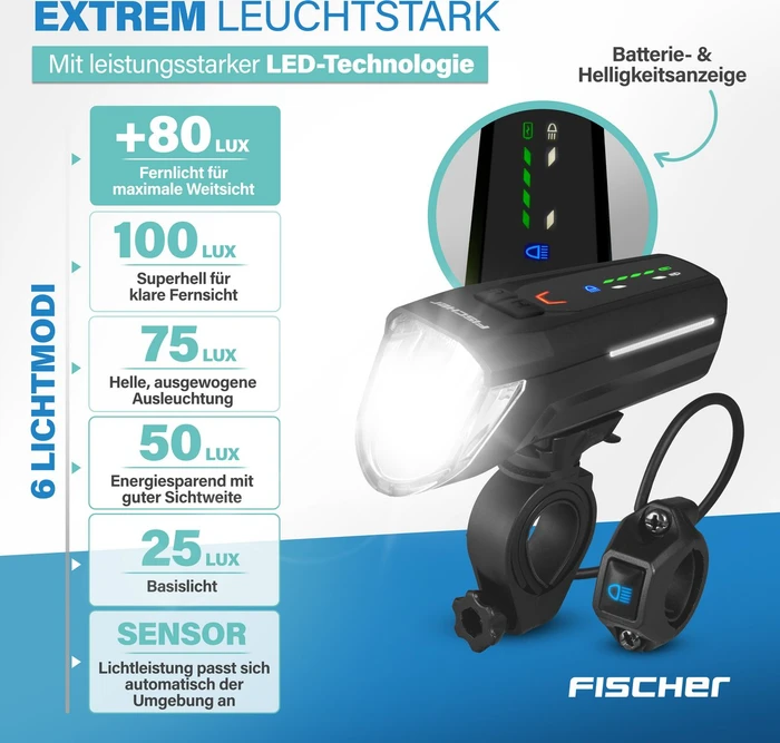 Fischer LED-Akku 180 Lux Frontlicht schwarz