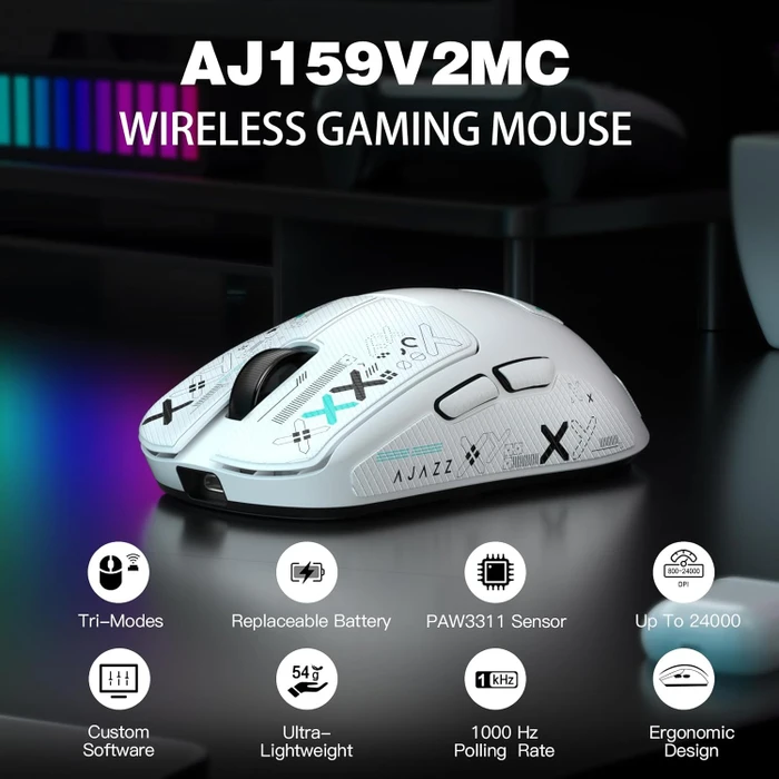 Ajazz AJ159 V2 MC Wireless Gaming Mouse mit Akku-Ladestation, weiß, inkl. Grip Tape, USB/Bluetooth