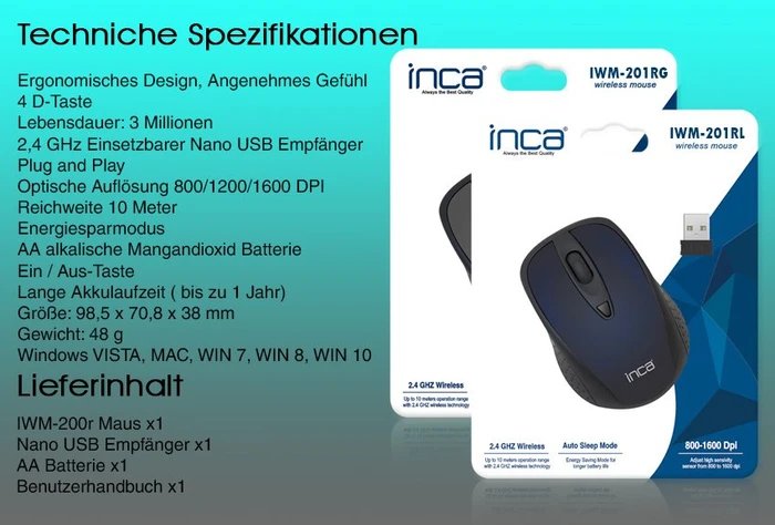 Inca IWM-201RL Silent Wireless Mouse blau/schwarz, USB