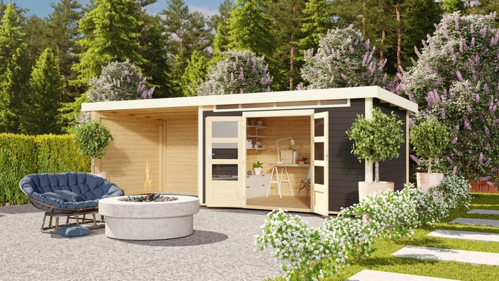 Karibu Kandern 7 Gartenhaus inkl. Anbau + Rückwand 3.2m terragrau