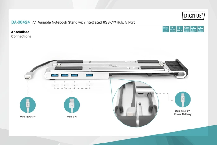 Digitus variabler Notebook-Ständer mit integriertem USB-C Hub, 10-17", USB-C 3.0 [Stecker]