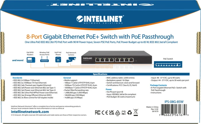 Intellinet Desktop Gigabit Switch, 8x RJ-45, 85W PoE++ PD