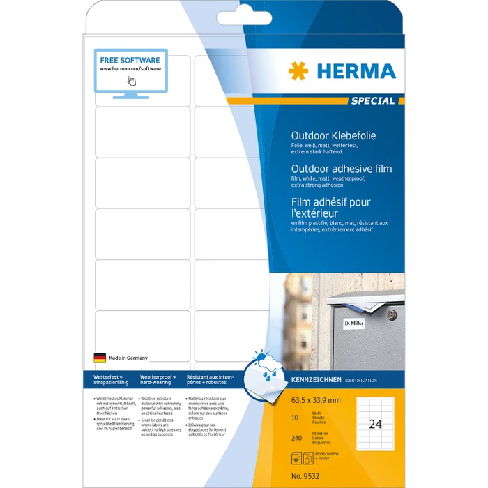 Herma Etiketten Outdoor, 63.5x33.9mm, wetterfest, weiß, matt, 10 Blatt (240 Etiketten)
