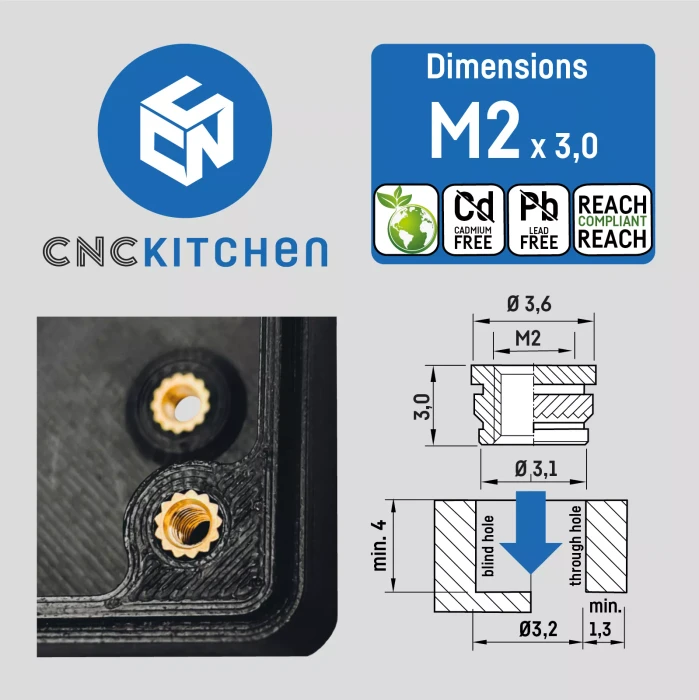 CNC Kitchen Gewindeinsatz M2 Standard, 100er-Pack