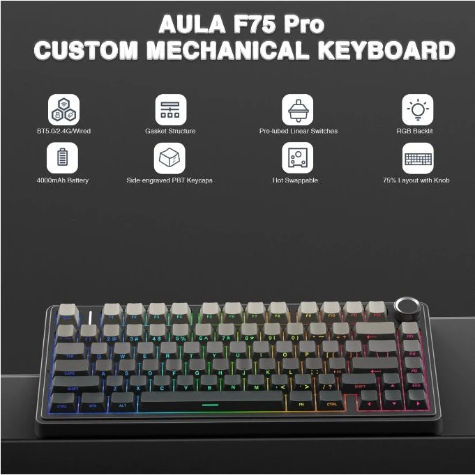 Aula F75 Pro, Gradient Black, LEDs RGB, hot-swap, LEOBOG Reaper, USB/Bluetooth, US