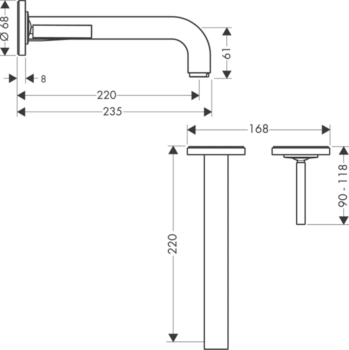 Hansgrohe Axor Citterio Einhebel-Waschtischmischer Unterputz für Wandmontage mit Pingriff Auslauf 220mm und Rosetten brushed bronze