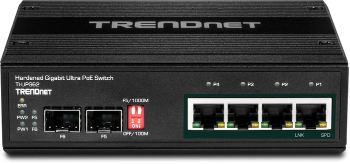 TRENDnet TI Hardened Industrial Railmount Gigabit Switch, 4x RJ-45, 2x SFP, 240W UPoE
