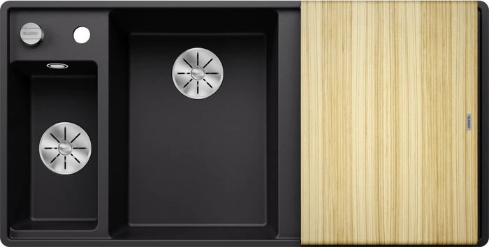 Blanco Axia III 6 S-F InFino Becken links mit Ablauffernbedienung schwarz inkl. Holzschneidebrett