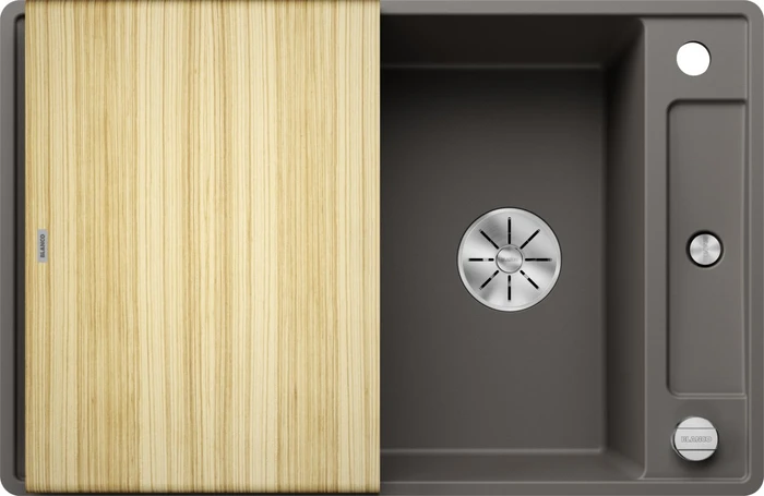 Blanco Axia III 45 S-F InFino Becken reversibel mit Ablauffernbedienung vulkangrau inkl. Holzschneidebrett