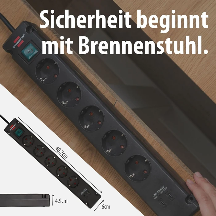 Brennenstuhl Bremounta mit Schalter, 5-fach, mit 2x USB-C, 3m, schwarz