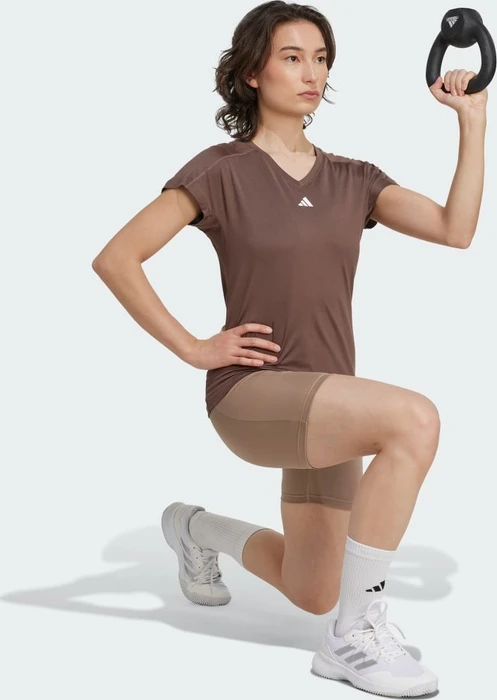 adidas Aeroready Train Essentials Minimal Branding V-Neck Funktionsshirt kurzarm earth strata/white (Damen)